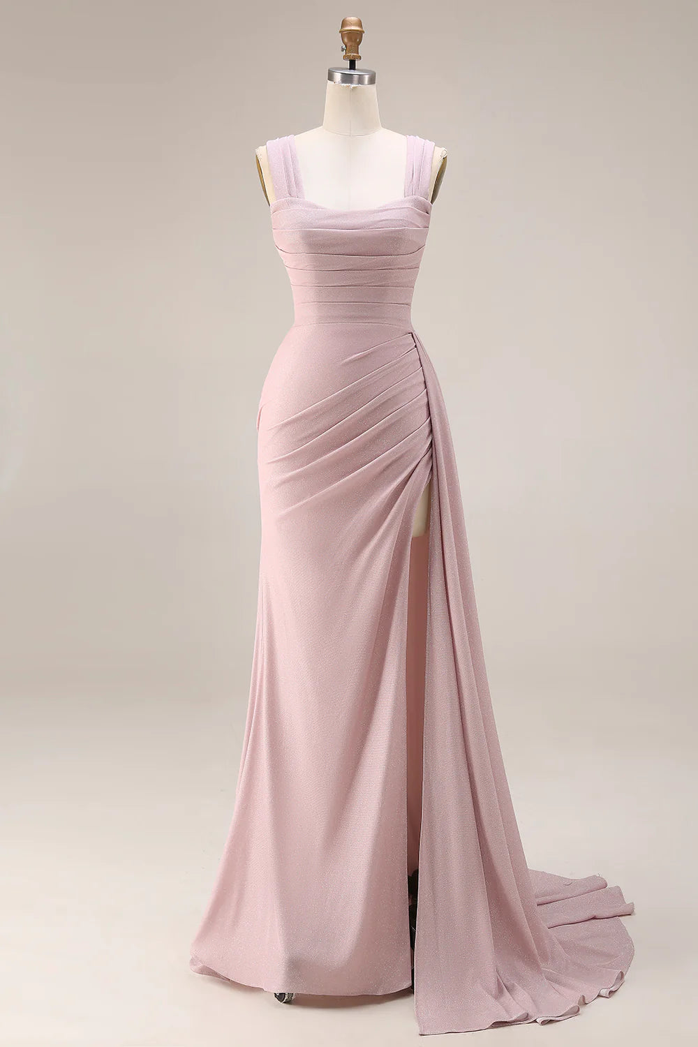 Elegant Square Neck Wide Strap Ruched Glitter High Slit Draped Train Mermaid Prom Dress
