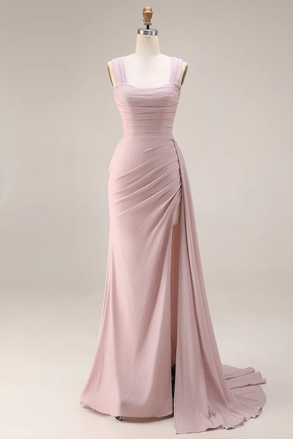 Elegant Square Neck Wide Strap Ruched Glitter High Slit Draped Train Mermaid Prom Dress