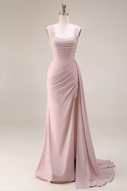 Elegant Square Neck Wide Strap Ruched Glitter High Slit Draped Train Mermaid Prom Dress