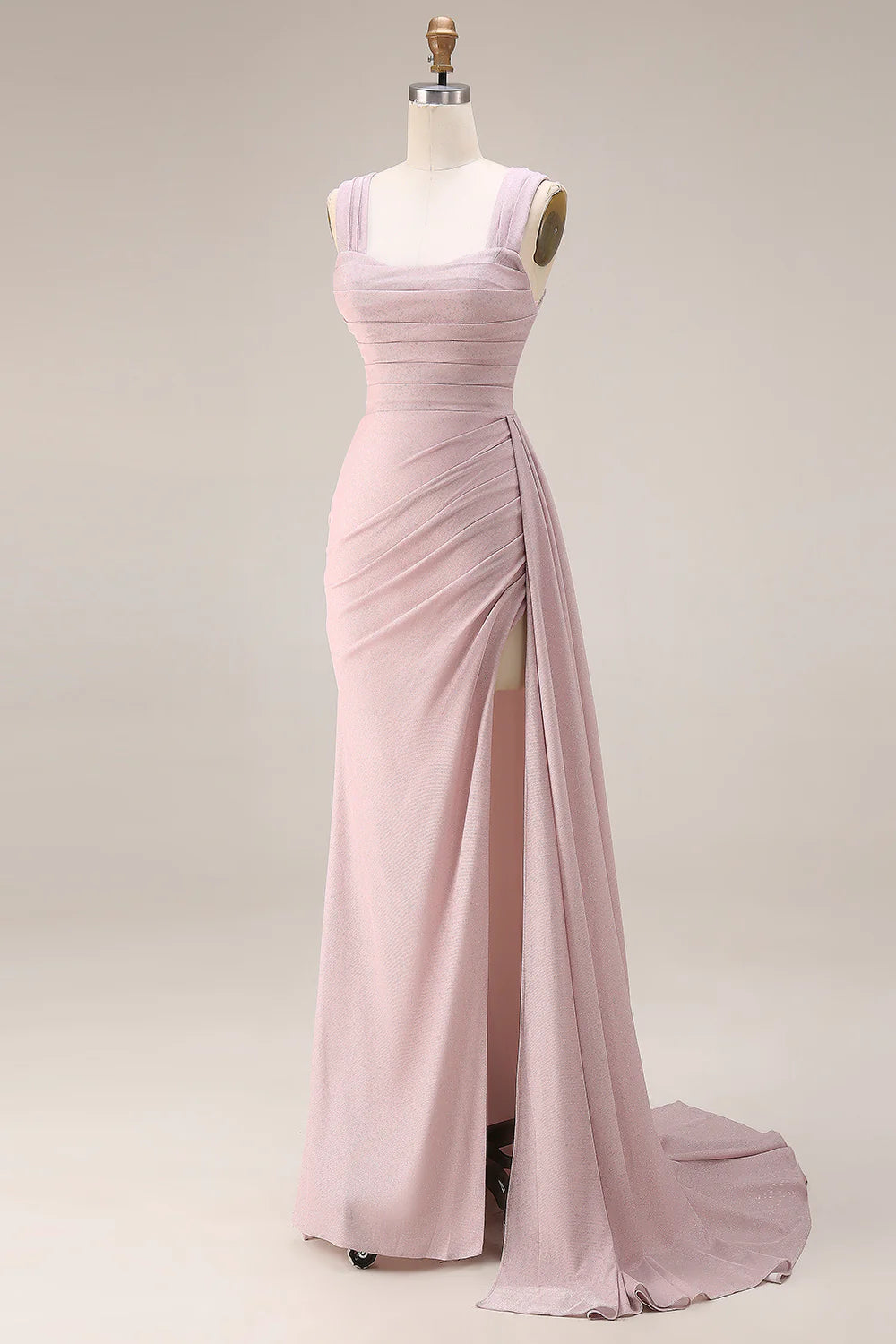 Elegant Square Neck Wide Strap Ruched Glitter High Slit Draped Train Mermaid Prom Dress