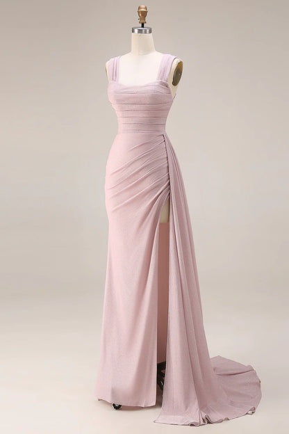 Elegant Square Neck Wide Strap Ruched Glitter High Slit Draped Train Mermaid Prom Dress