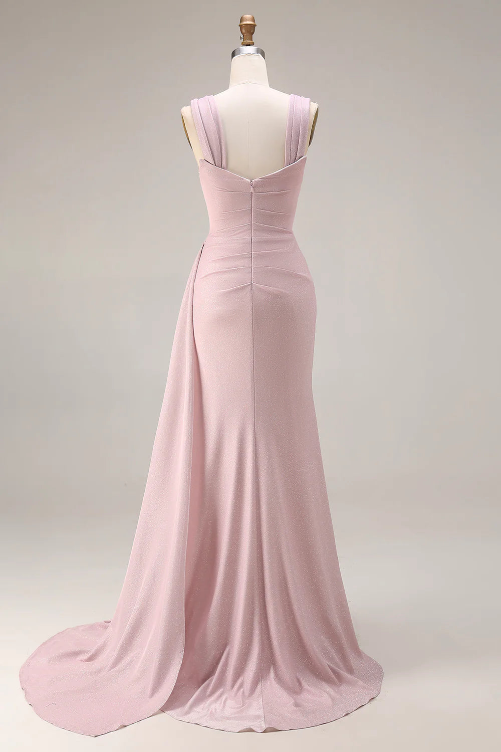 Elegant Square Neck Wide Strap Ruched Glitter High Slit Draped Train Mermaid Prom Dress