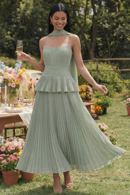Elegant Strapless Halter Neck Sage Green Pleated Midi Dress with Peplum Waist and Detachable Scarf Prom Dress