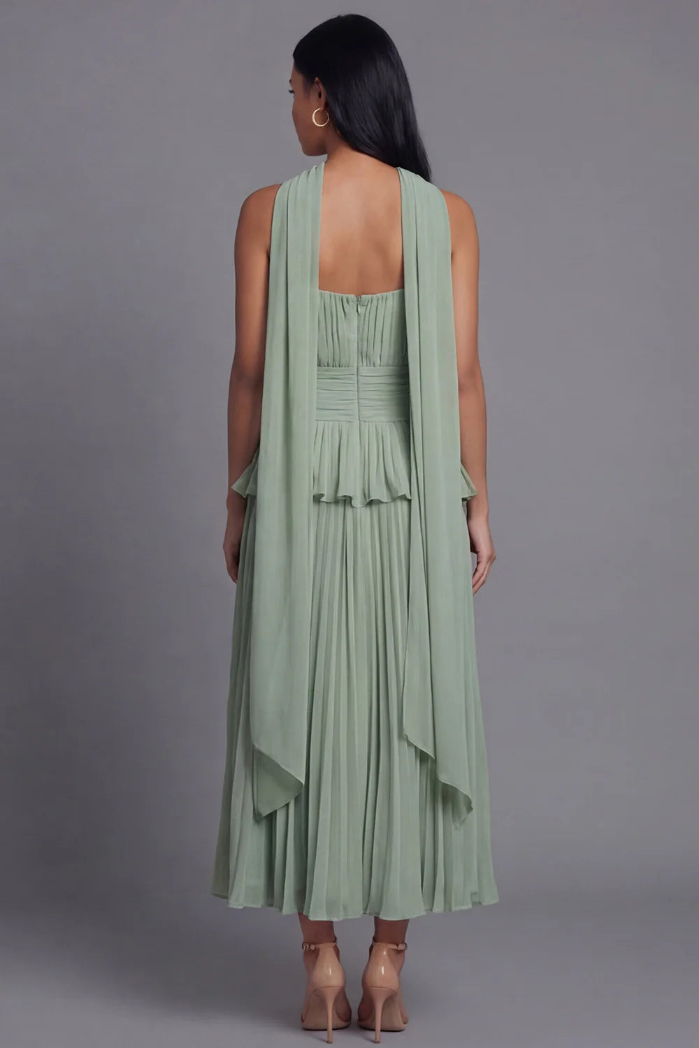 Elegant Strapless Halter Neck Sage Green Pleated Midi Dress with Peplum Waist and Detachable Scarf Prom Dress