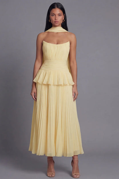 Elegant Strapless Halter Neck Sage Green Pleated Midi Dress with Peplum Waist and Detachable Scarf Prom Dress