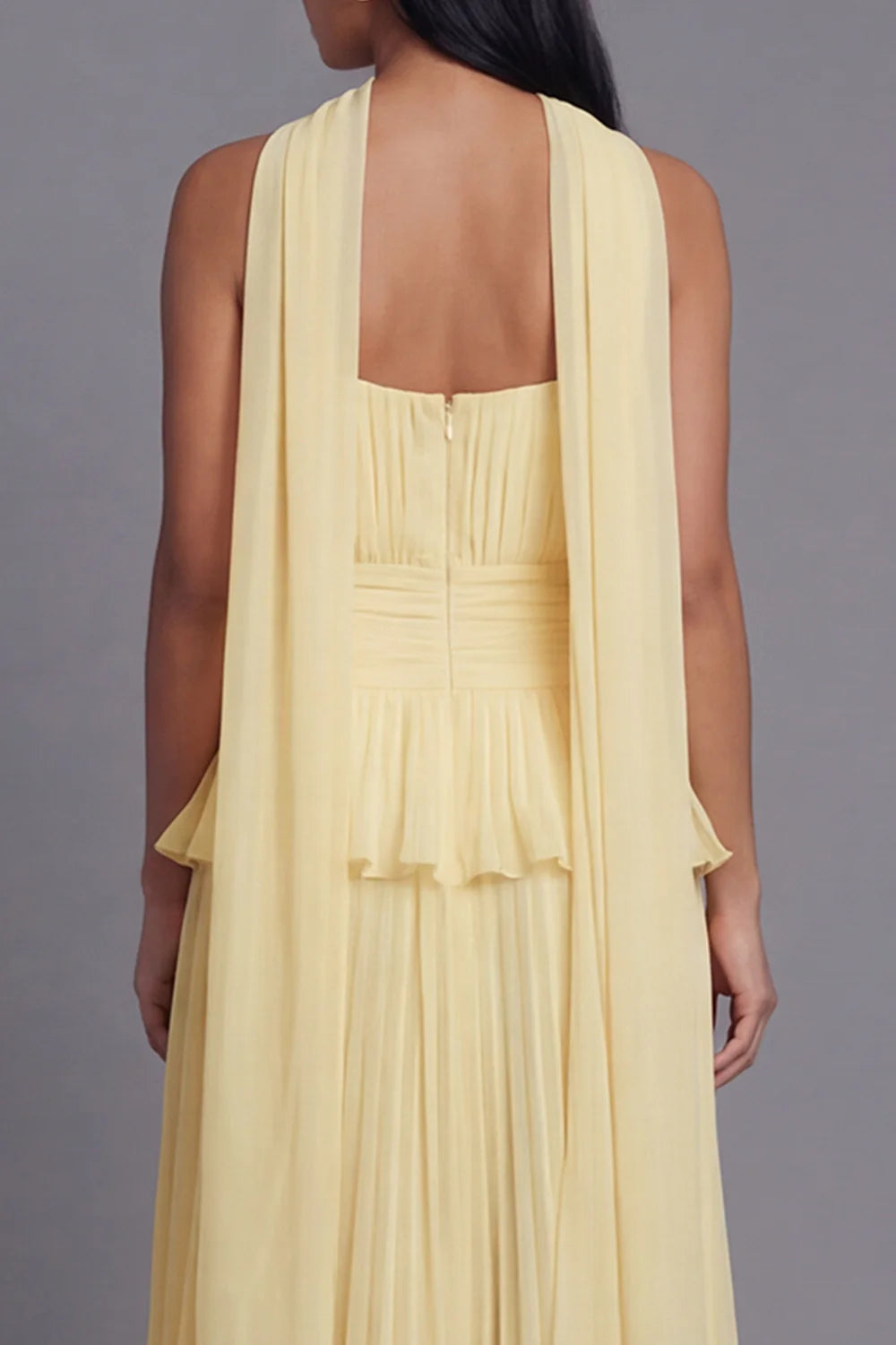 Elegant Strapless Halter Neck Sage Green Pleated Midi Dress with Peplum Waist and Detachable Scarf Prom Dress