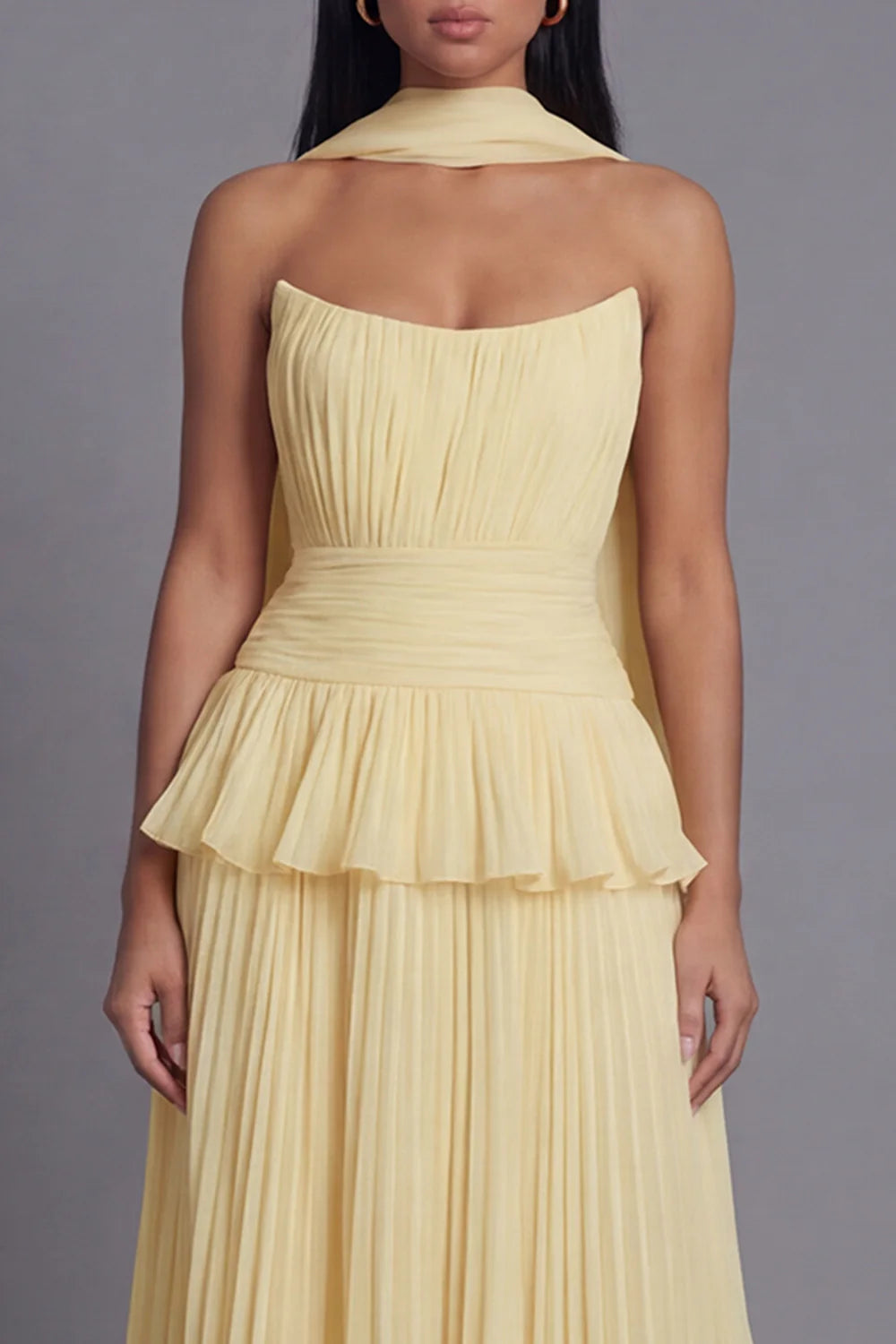 Elegant Strapless Halter Neck Sage Green Pleated Midi Dress with Peplum Waist and Detachable Scarf Prom Dress