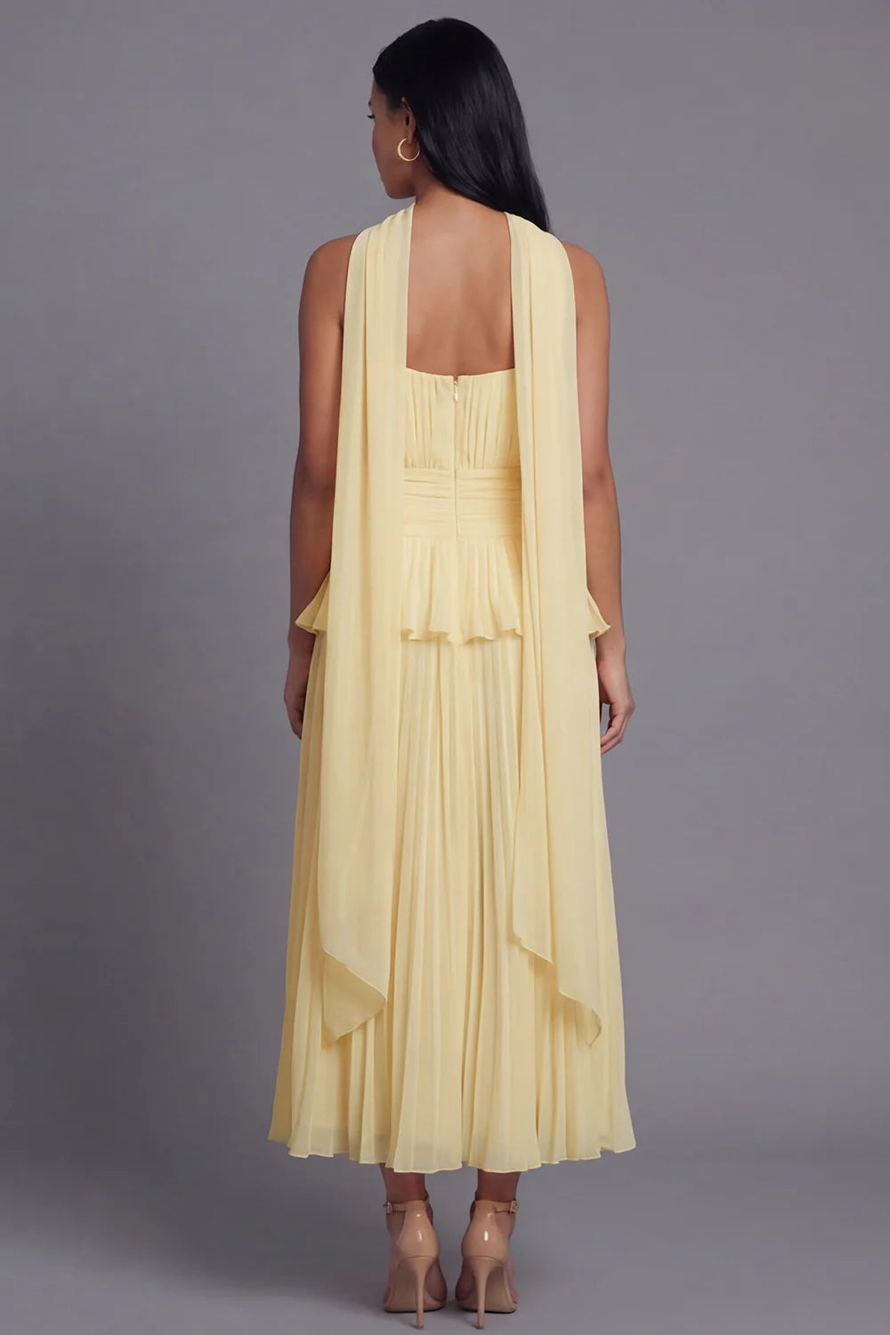 Elegant Strapless Halter Neck Sage Green Pleated Midi Dress with Peplum Waist and Detachable Scarf Prom Dress