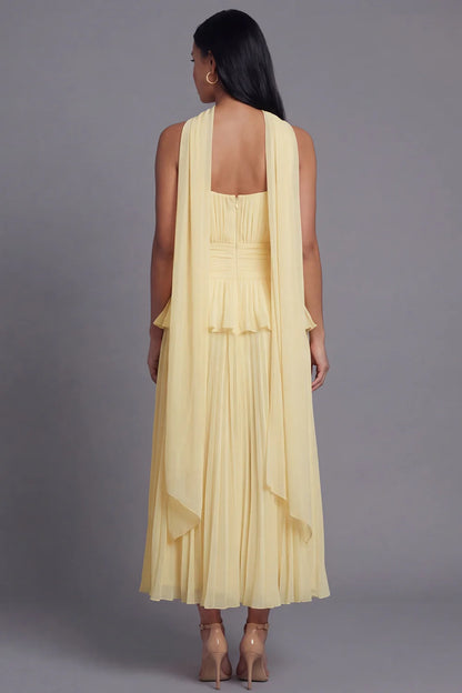 Elegant Strapless Halter Neck Sage Green Pleated Midi Dress with Peplum Waist and Detachable Scarf Prom Dress