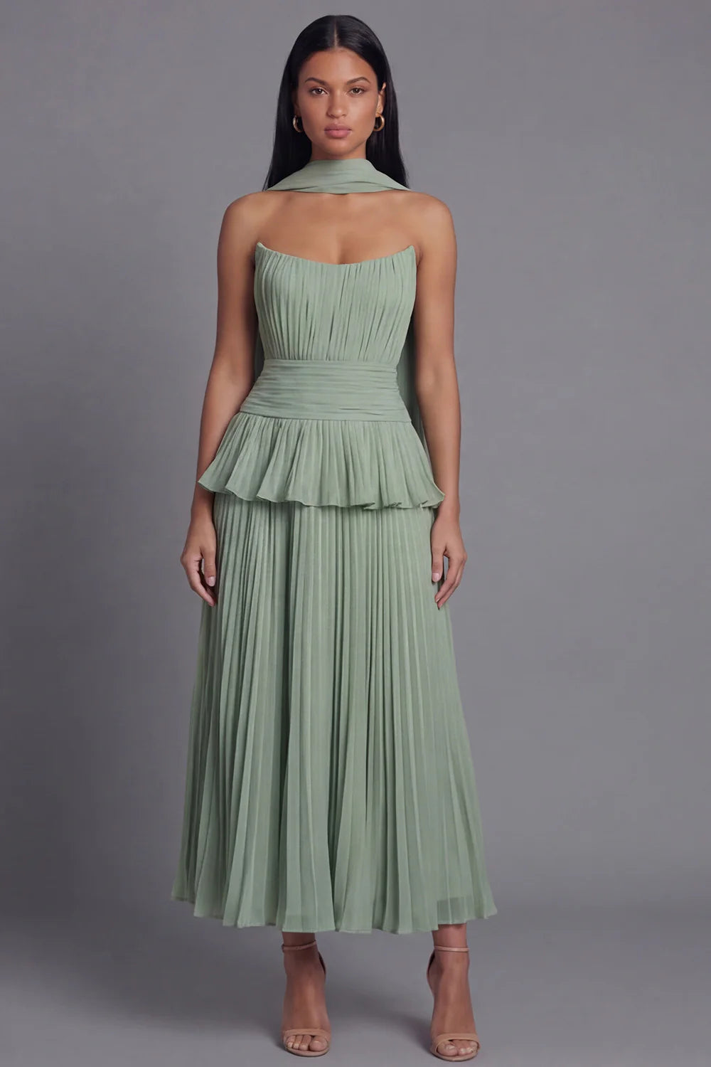 Elegant Strapless Halter Neck Sage Green Pleated Midi Dress with Peplum Waist and Detachable Scarf Prom Dress