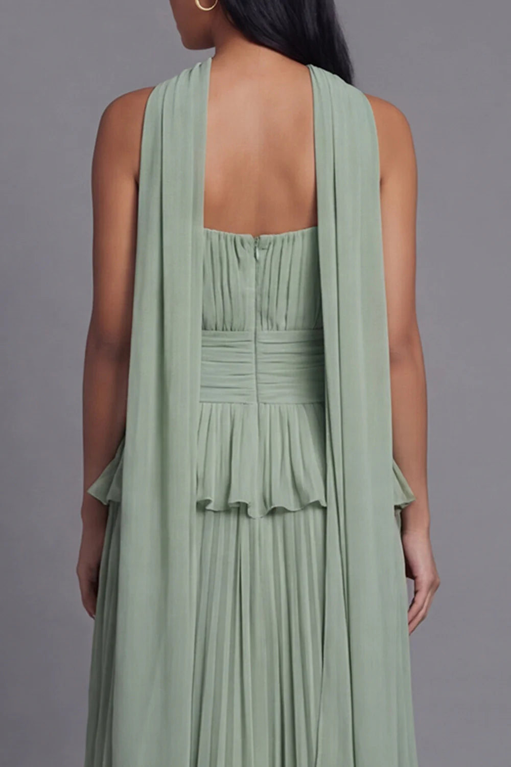 Elegant Strapless Halter Neck Sage Green Pleated Midi Dress with Peplum Waist and Detachable Scarf Prom Dress