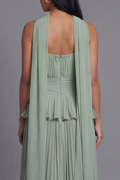Elegant Strapless Halter Neck Sage Green Pleated Midi Dress with Peplum Waist and Detachable Scarf Prom Dress