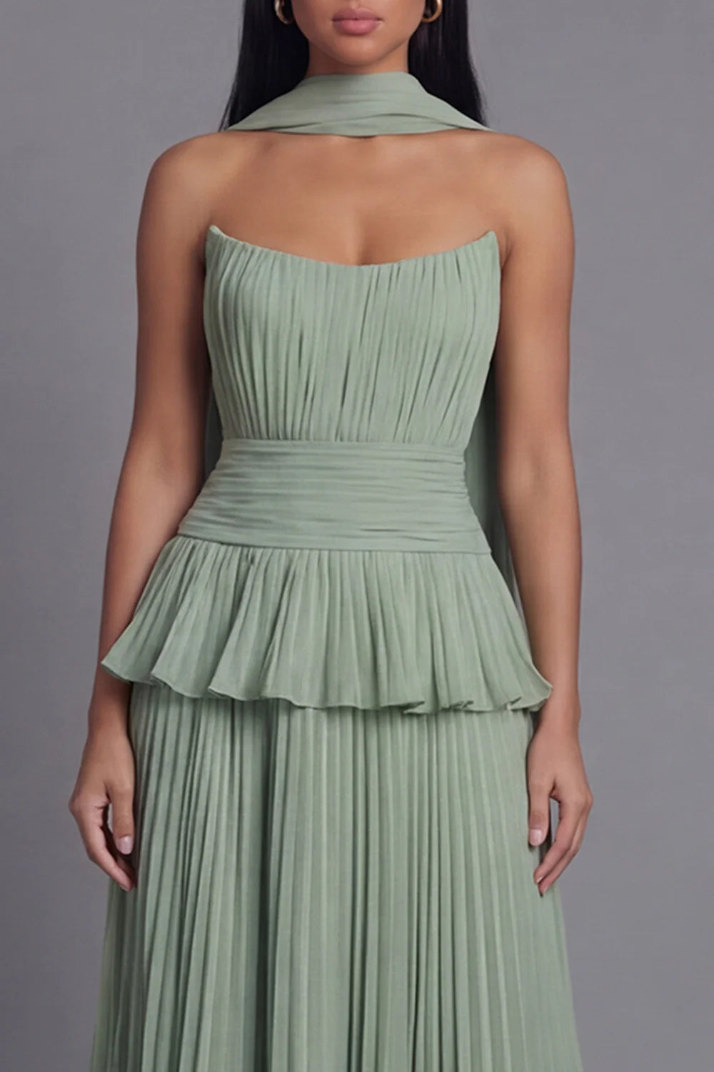 Elegant Strapless Halter Neck Sage Green Pleated Midi Dress with Peplum Waist and Detachable Scarf Prom Dress