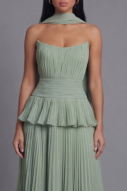 Elegant Strapless Halter Neck Sage Green Pleated Midi Dress with Peplum Waist and Detachable Scarf Prom Dress