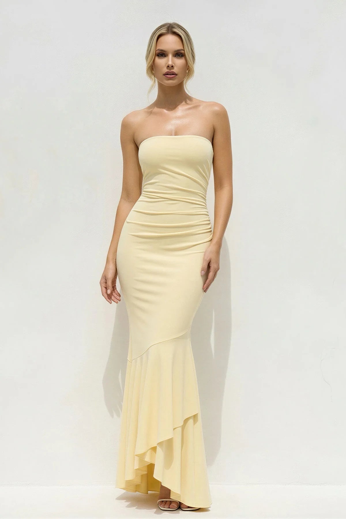 Elegant Strapless Ruched Mermaid Ruffle-Hem Long Evening Dress
