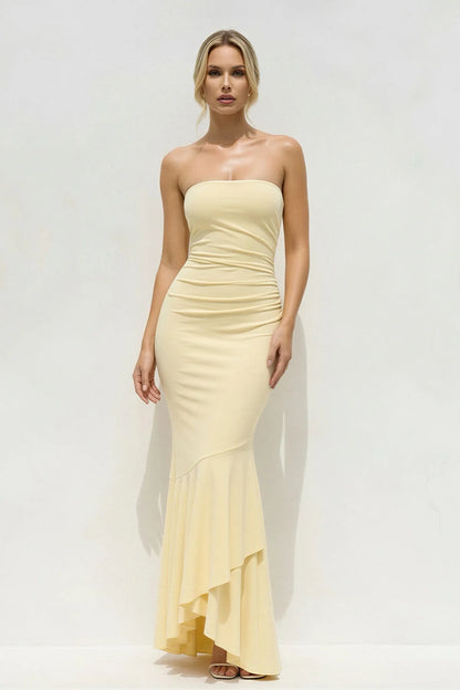 Elegant Strapless Ruched Mermaid Ruffle-Hem Long Evening Dress