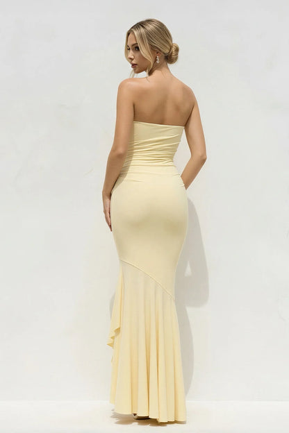 Elegant Strapless Ruched Mermaid Ruffle-Hem Long Evening Dress