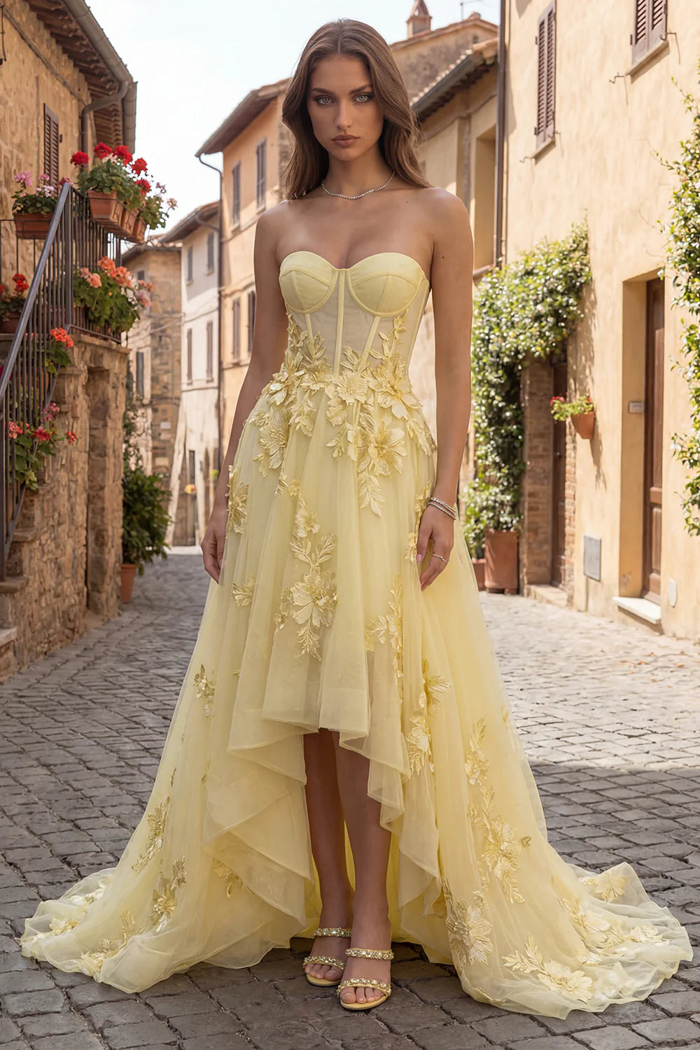 Elegant Strapless Sweetheart Neck 3D Floral Applique High Low Tulle Maxi Prom Dress
