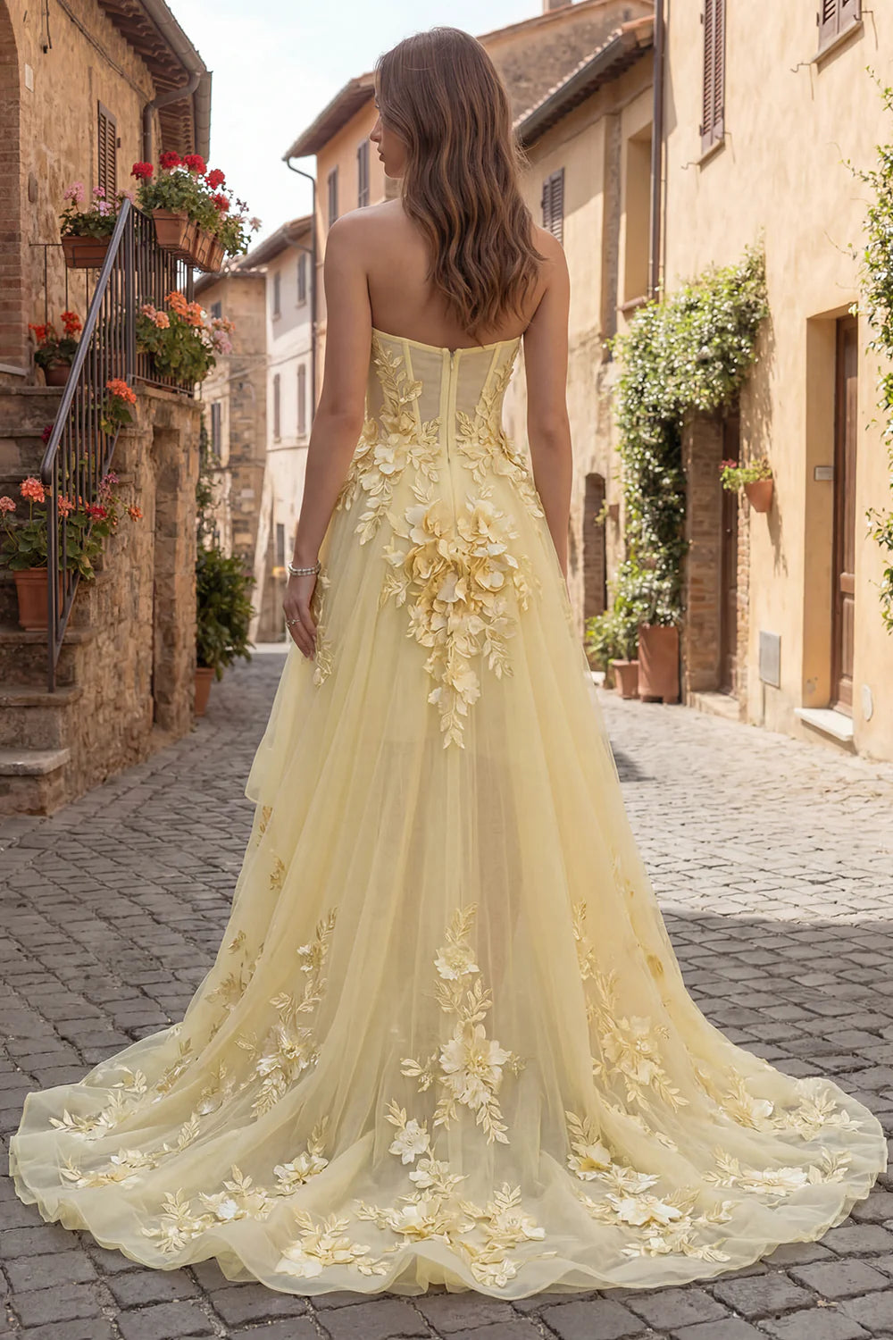 Elegant Strapless Sweetheart Neck 3D Floral Applique High Low Tulle Maxi Prom Dress