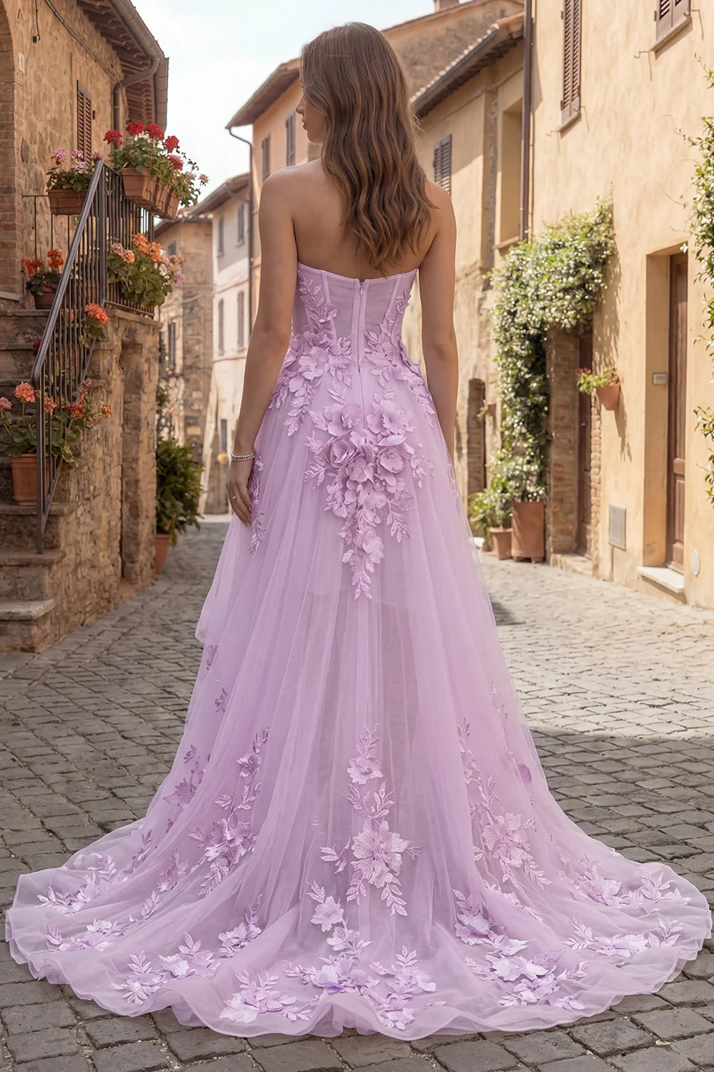 Elegant Strapless Sweetheart Neck 3D Floral Applique High Low Tulle Maxi Prom Dress