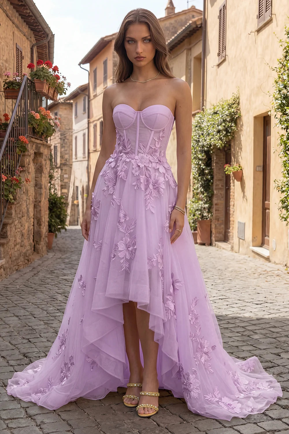 Elegant Strapless Sweetheart Neck 3D Floral Applique High Low Tulle Maxi Prom Dress