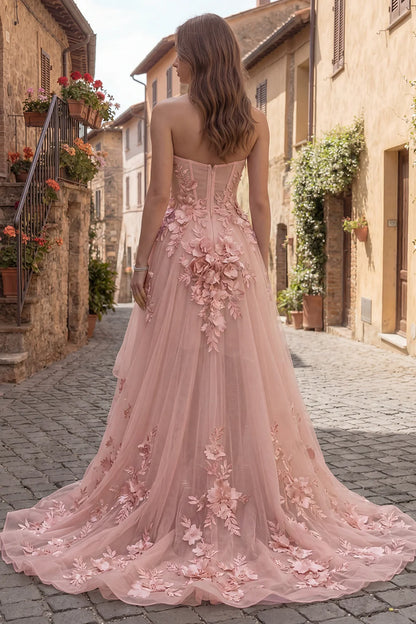 Elegant Strapless Sweetheart Neck 3D Floral Applique High Low Tulle Maxi Prom Dress