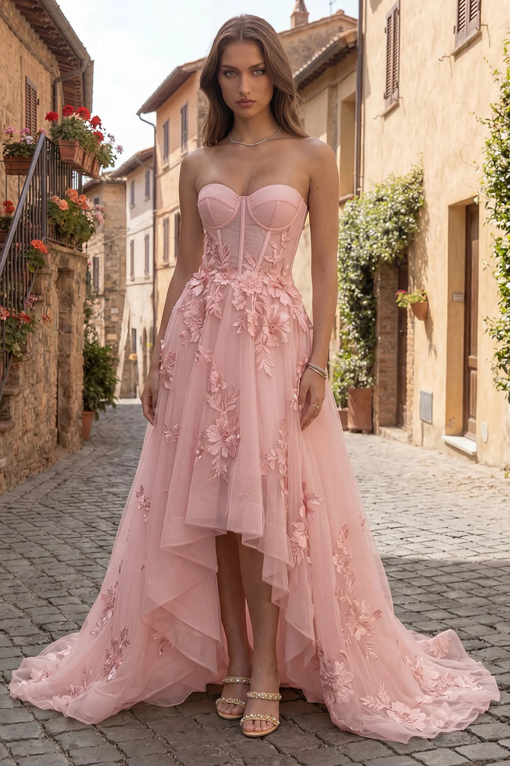 Elegant Strapless Sweetheart Neck 3D Floral Applique High Low Tulle Maxi Prom Dress
