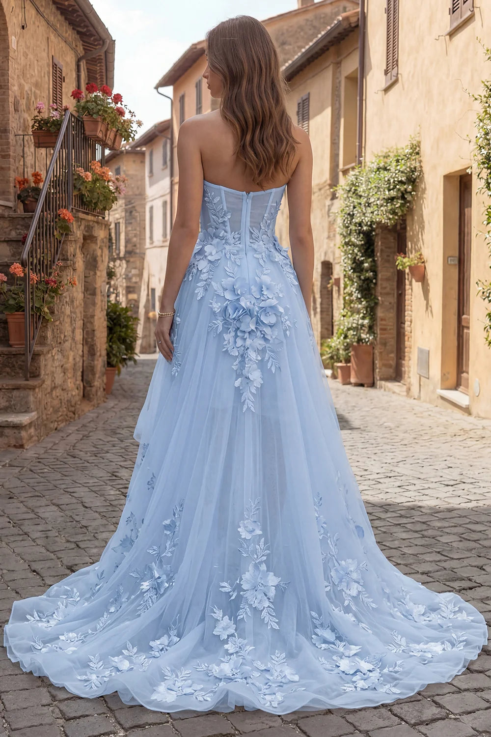Elegant Strapless Sweetheart Neck 3D Floral Applique High Low Tulle Maxi Prom Dress
