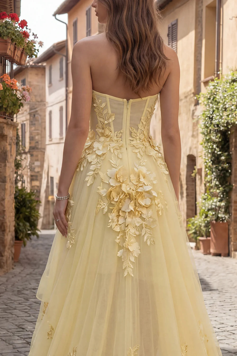 Elegant Strapless Sweetheart Neck 3D Floral Applique High Low Tulle Maxi Prom Dress