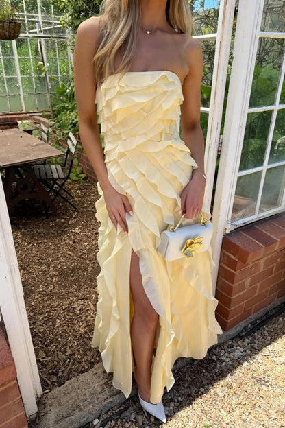 Elegant Strapless Sweetheart Neck Cascading Ruffle Chiffon High Slit Maxi Prom Dress