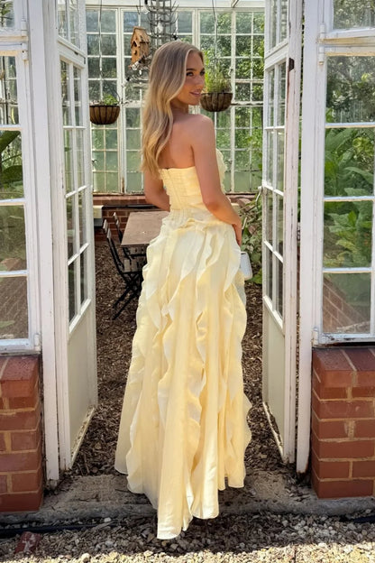 Elegant Strapless Sweetheart Neck Cascading Ruffle Chiffon High Slit Maxi Prom Dress