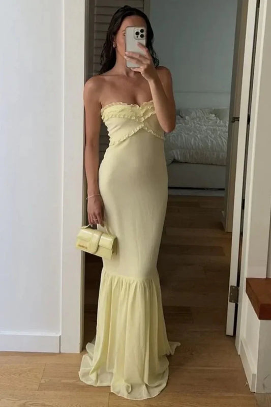 Elegant Strapless Sweetheart Neck Ruffle Trim Chiffon Mermaid Maxi Prom Dress