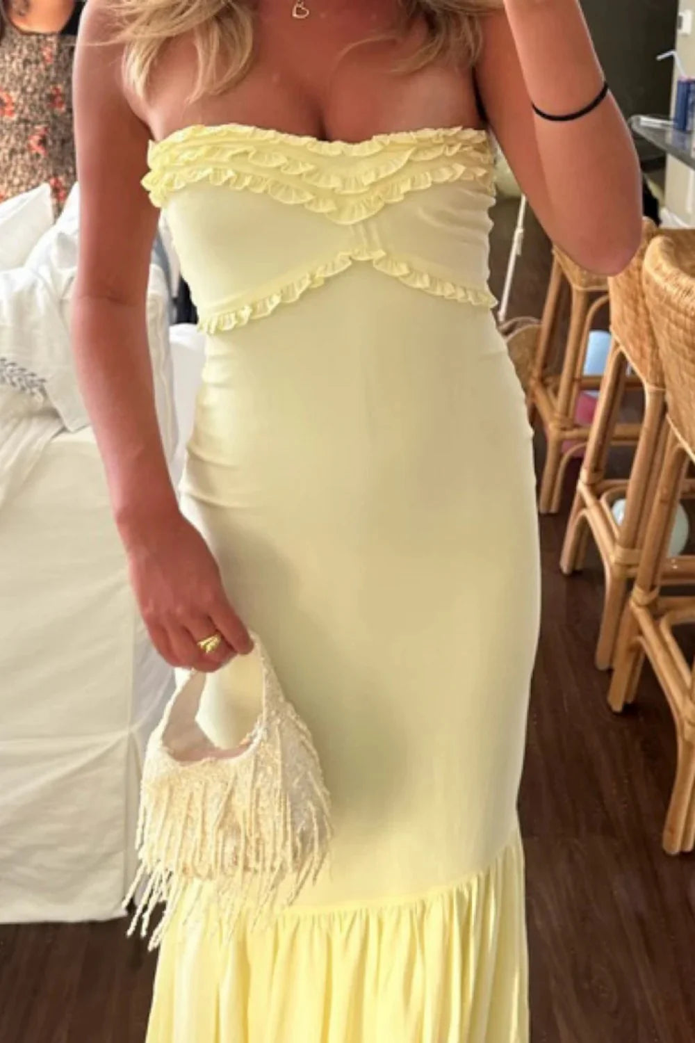 Elegant Strapless Sweetheart Neck Ruffle Trim Chiffon Mermaid Maxi Prom Dress