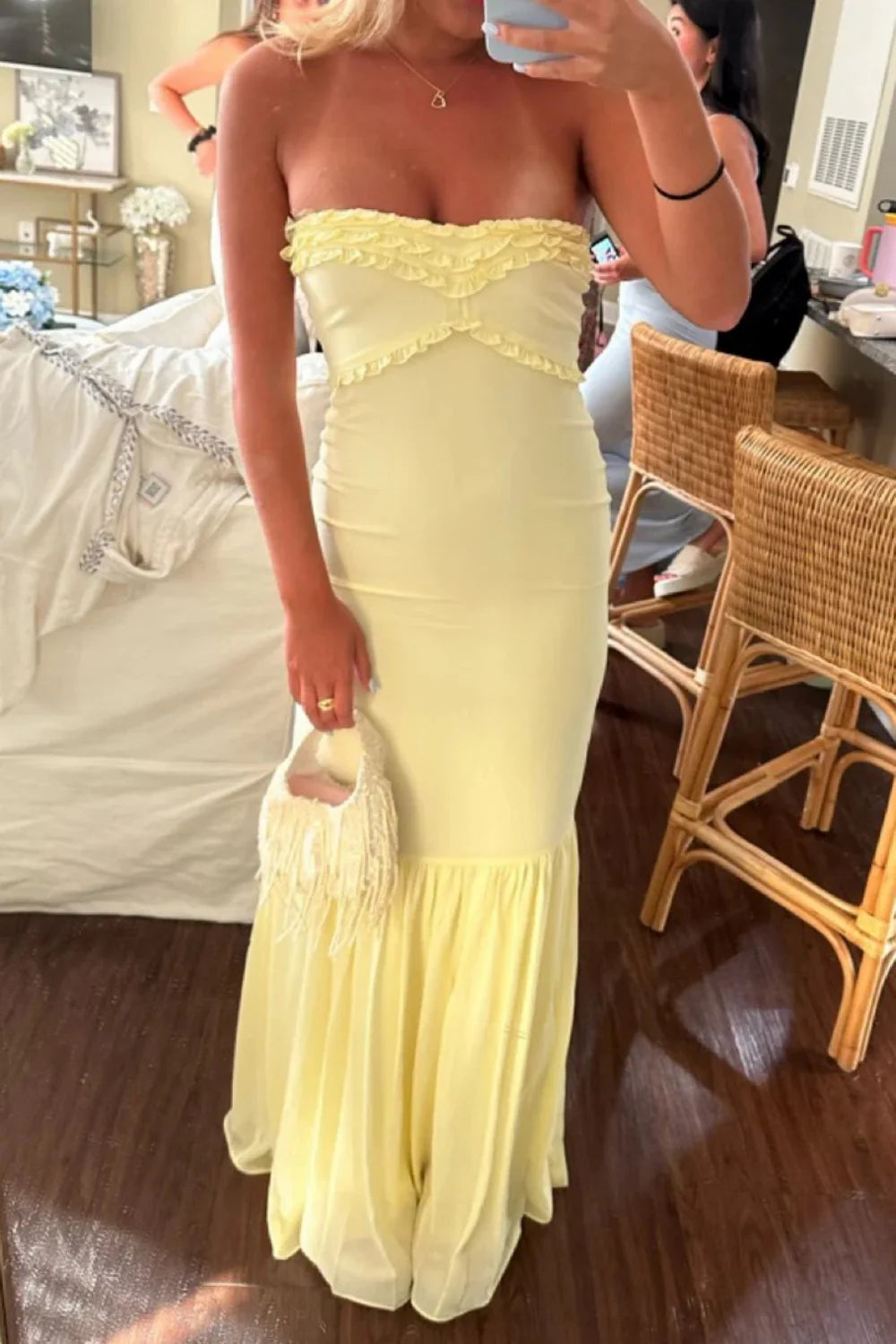 Elegant Strapless Sweetheart Neck Ruffle Trim Chiffon Mermaid Maxi Prom Dress