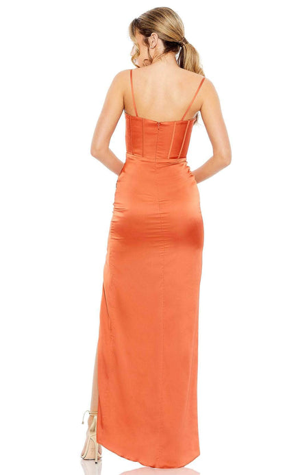 Elegant Terracotta Satin Spaghetti Strap with Corset Bodice and High Slit Evening Dress