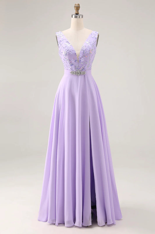 Elegant V Neck Floral Applique Lace Up Back Beaded Waist Chiffon High Slit A Line Prom Dress