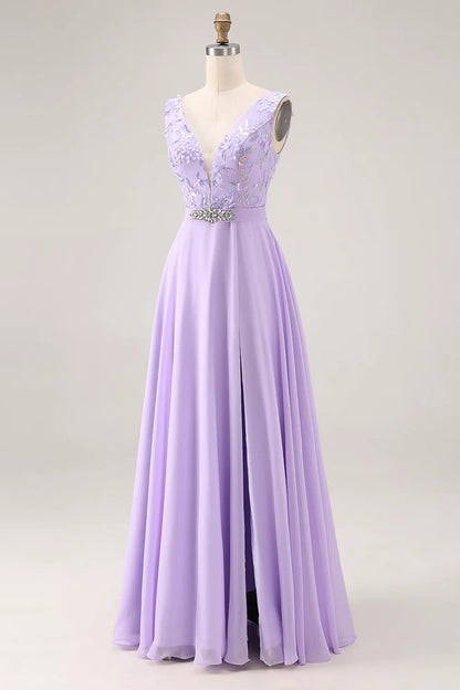 Elegant V Neck Floral Applique Lace Up Back Beaded Waist Chiffon High Slit A Line Prom Dress