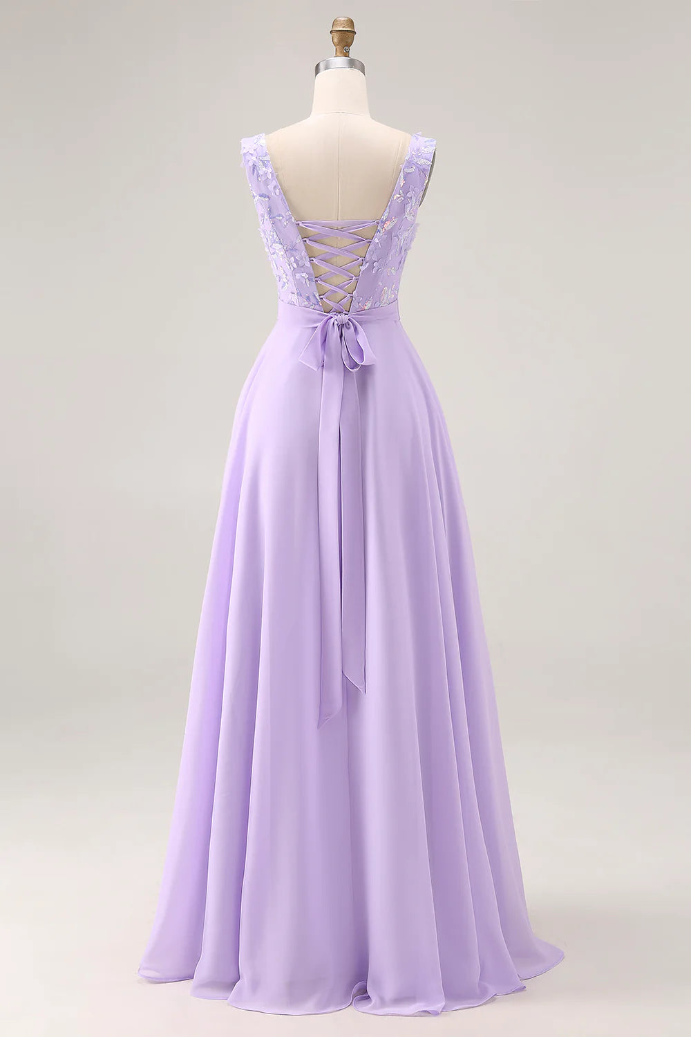 Elegant V Neck Floral Applique Lace Up Back Beaded Waist Chiffon High Slit A Line Prom Dress