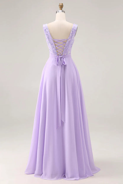 Elegant V Neck Floral Applique Lace Up Back Beaded Waist Chiffon High Slit A Line Prom Dress