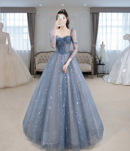 Enchanted Ball Gown Sweetheart Puff-Sleeve Beaded Bow Glitter Tulle Floor-Length Evening Dress