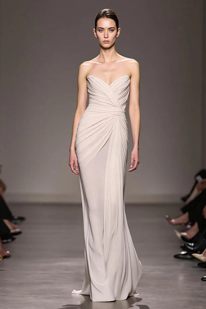Ethereal Champagne Strapless Ruched Open-Back Floor Length Evening Dress