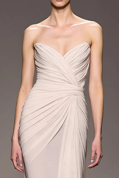 Ethereal Champagne Strapless Ruched Open-Back Floor Length Evening Dress