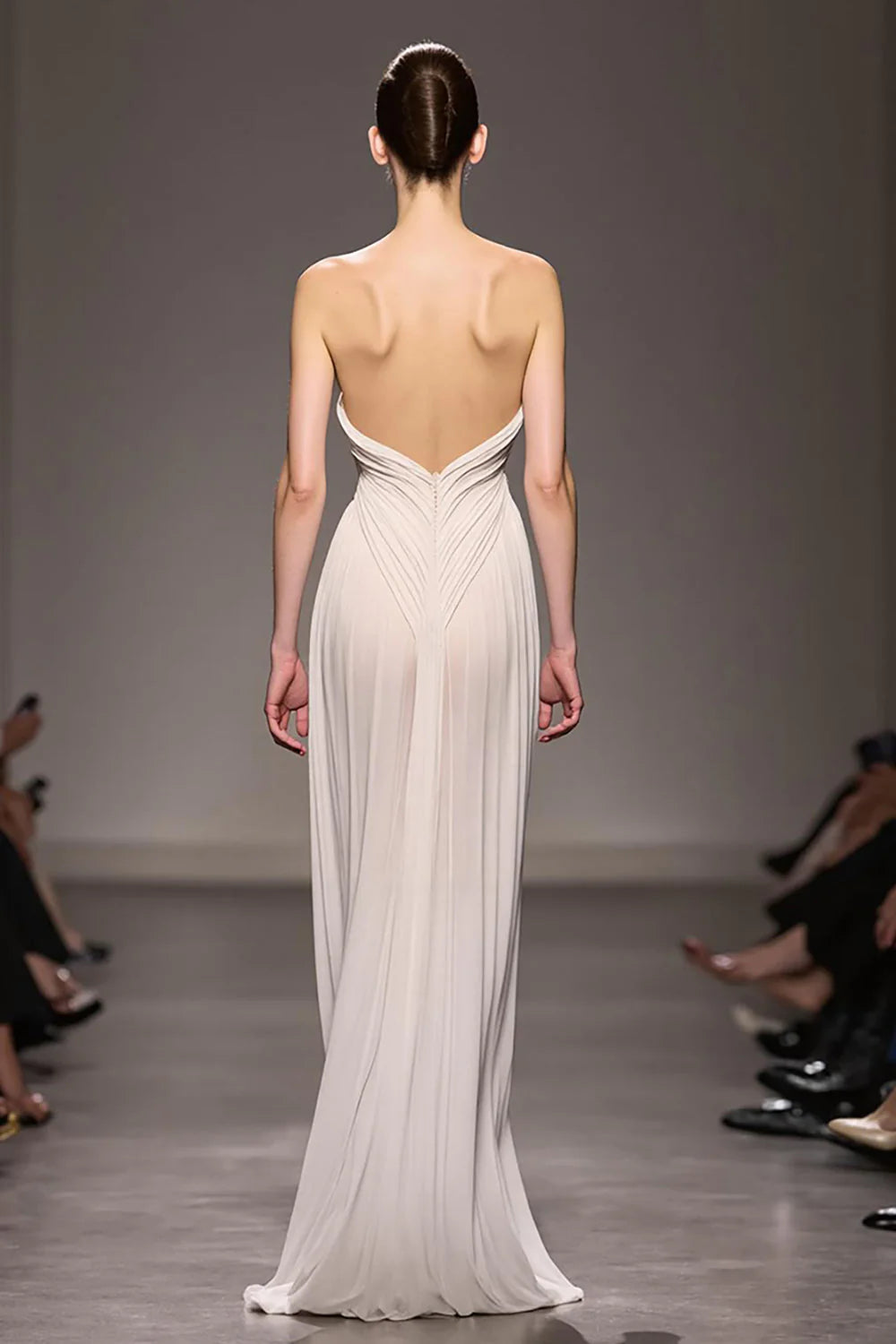 Ethereal Champagne Strapless Ruched Open-Back Floor Length Evening Dress