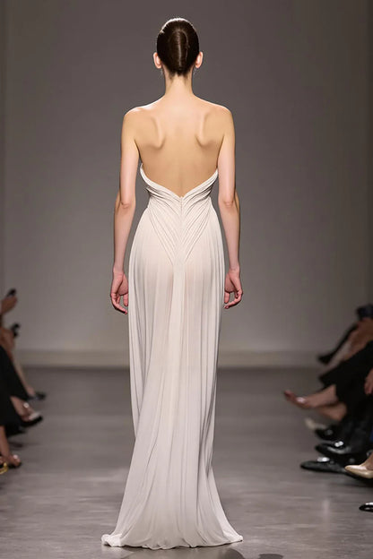 Ethereal Champagne Strapless Ruched Open-Back Floor Length Evening Dress