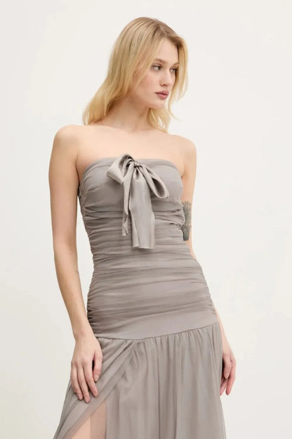Ethereal Dove Grey Strapless Ruched Prom Dress