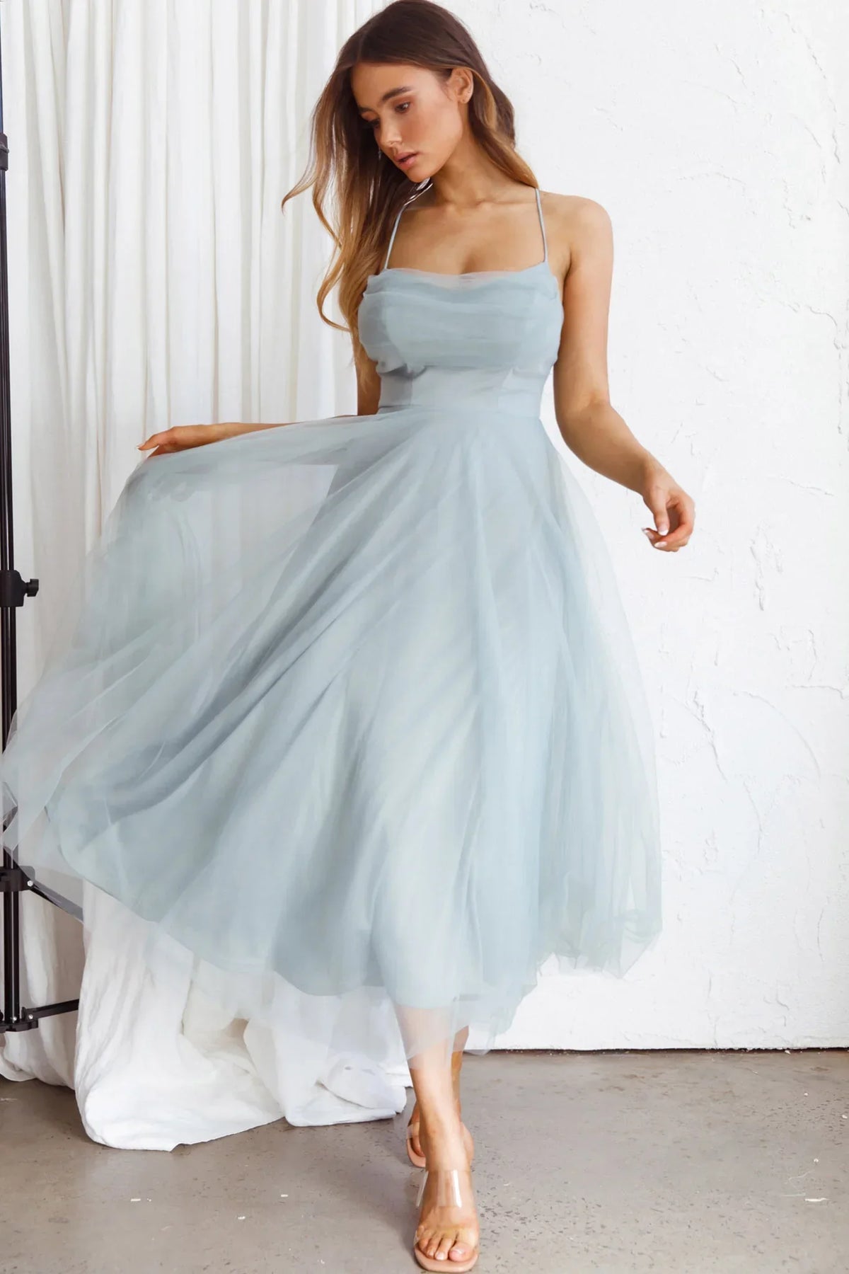 Ethereal Flared Cowl Neck Spaghetti Strap Tulle Midi Evening Dress