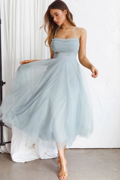 Ethereal Flared Cowl Neck Spaghetti Strap Tulle Midi Evening Dress