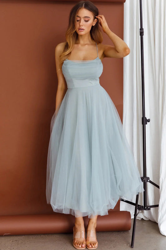 Ethereal Flared Cowl Neck Spaghetti Strap Tulle Midi Evening Dress
