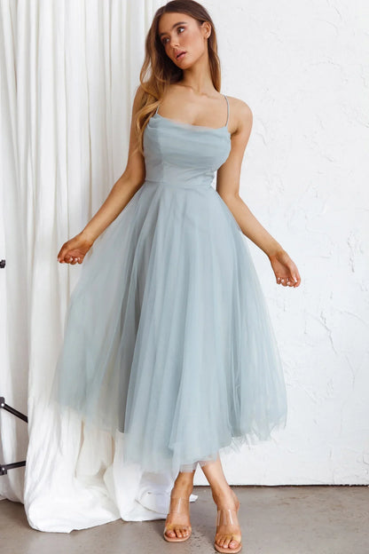 Ethereal Flared Cowl Neck Spaghetti Strap Tulle Midi Evening Dress