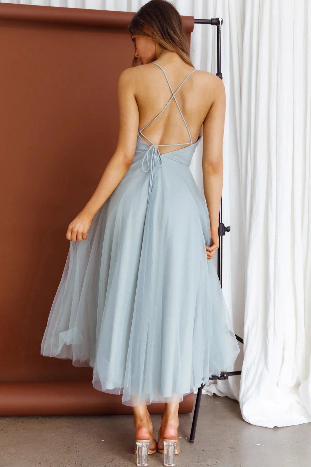 Ethereal Flared Cowl Neck Spaghetti Strap Tulle Midi Evening Dress